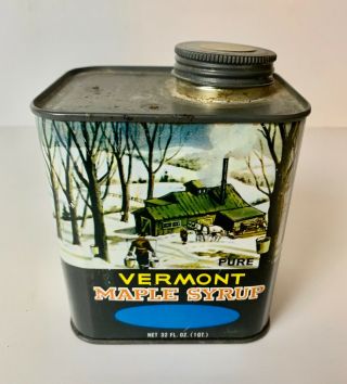 Vintage Pure Vermont Maple Syrup 1 Qt.  Metal Tin Marlow 