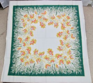 Vintage Simtex Yellow Orange Green Flower Floral Tablecloth Mid Century Mcm