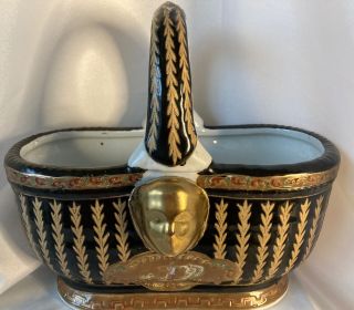 Vintage Oriental Accents Ceramic Black And Gold Gilt Basket Very Unique