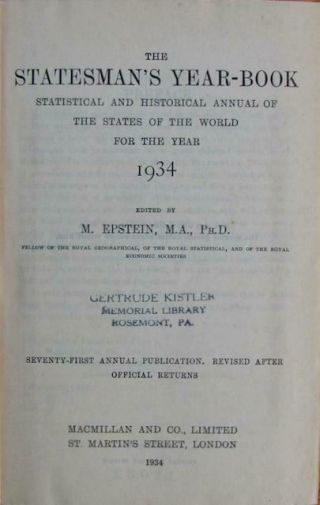 Epstein,  M.  The Statesman ' s Year - Book of the Word for the year 1934 2