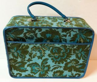 Vintage Avon Blue Green Floral Tapestry Carpet Bag Suitcase Retro 60 