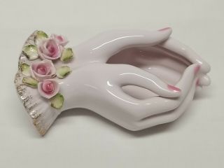 Lefton Ladies Hand Vase Roses Pink Vanity Dish Double Hands Vtg Mid Century Mcm