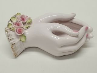 LEFTON Ladies HAND VASE Roses PINK Vanity Dish DOUBLE HANDS VTG Mid Century MCM 2