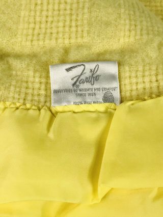 Vintage Yellow FARIBO Blanket 100 Wool Waffle Weave Satin/Nylon? Trim TWIN 3