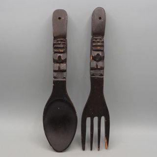 Vintage Tiki Totem Wood Fork Spoon Hand Carved 12 " Mid Century