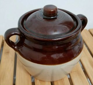 Vintage Monmouth Western Usa 3 Qt Stoneware Pottery Handled Bean Pot Cookie Jar