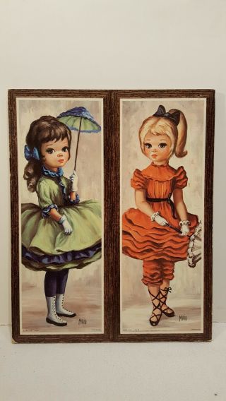 Vintage Maio Big Eyed Girls Ballerina & Umbrella Art Prints - 1960 