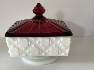 Vintage Milk Glass Westmoreland Quilted Covered Candy Dish W/ Ruby Red Lid Rare