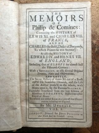 1712 Memoirs Of Philip De Comines In 2 Volumes By Mr.  Uvedale