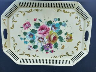 Large Vintage Cream Floral Hand Painted Tole Shabby Metal Tray Cabbage Rose