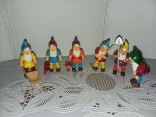 6 Vintage West German Plastic Elf Gnome Garden Cake Topper Christmas Figures