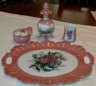 Vintage Antique 4 Piece Hand Painted Pink Porcelain Dresser Vanity Set