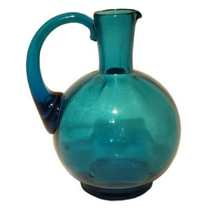 Vintage Blenko ? Glass Pitcher Mid Century Modern Teal Blue 7 " Tall Art Mcm Euc
