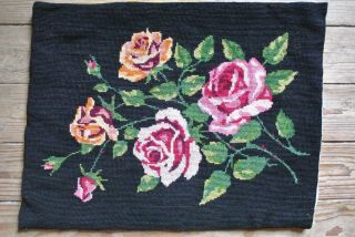 French Vintage Needlepoint Cushion Cover Roses Orange Pink Red Hand Made