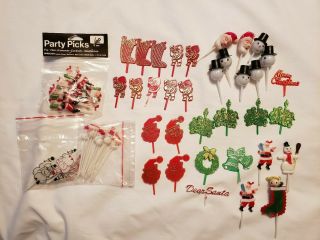 Vintage Christmas Cake Decorations Toppers Cupcake Picks Opened And