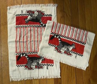 Vintage B.  Kliban Cat Sneakers Kitty Hand Towels White Red Black Set Of 2