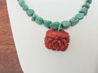Vintage Green Turquoise Red Coral Necklace With Sterling Silver Clasp 17”long