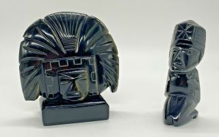 2 Vintage Mcm Obsidian Black Gold Sheen Carved Aztec Mayan Idol Figurines