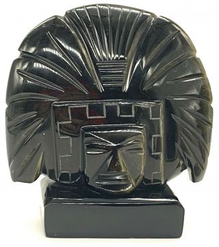 2 Vintage MCM Obsidian Black Gold Sheen Carved Aztec Mayan Idol Figurines 3