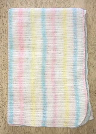 Vintage Pastel Plaid Baby Blanket Woven Holes Striped Blue Yellow Pink Acrylic?