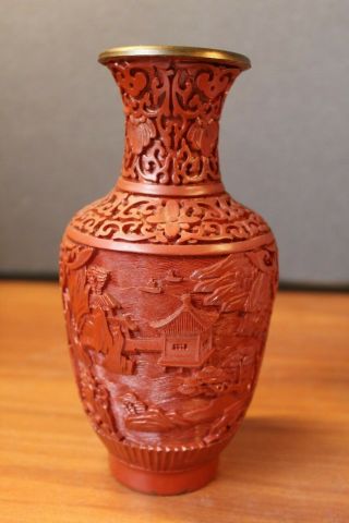 Vintage Chinese Asian Carved Red Cinnabar Style Lacquer/resin? Vase Unique