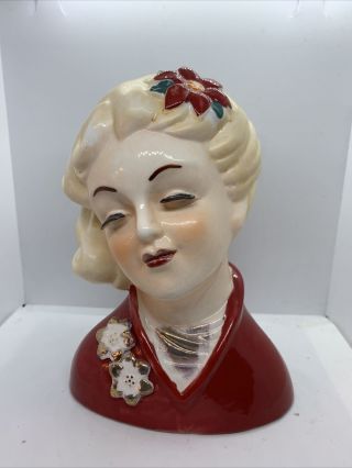 Vtg Christmas Lady Head Vase Planter Painted Poinsettia Approx 6.  5” Unbranded