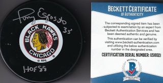 Beckett Tony Esposito " Hof 88 " Signed Chicago Blackhawks Licensed Logo Puck 6021