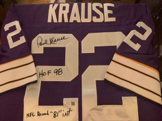 Paul Krause Minnesota Vikings Signed Jersey Leaf Inscrp Hof 98 81 Int’s