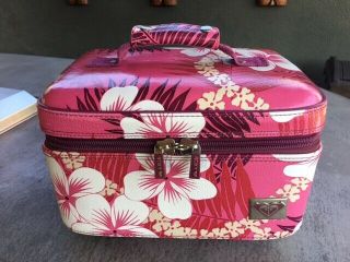 Vintage Roxy Large Train Case Cosmetic Travel Pink White Hawaii Mirror Zip Euc