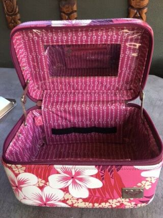 VINTAGE Roxy Large Train Case Cosmetic Travel Pink White Hawaii Mirror Zip EUC 2
