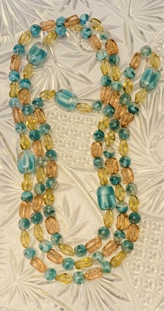 Vtg Venetian Murano Glass Necklace Italy Beaded Strand Art Deco Yellow 45”