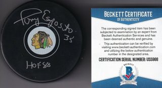 Beckett Tony Esposito " Hof 88 " Signed Chicago Blackhawks Logo Puck U55966