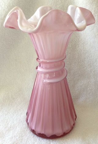Vintage Fenton Wheat Vase In Pink Rose Cased Glass 7 1/2 " Marked Base