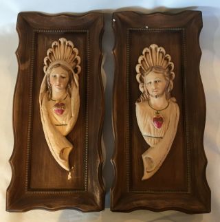 Vintage,  Virgin Mary Sacred Heart Jesus Bust Wall Plaques Plaster Chalkware Pair