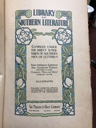 Library Of Southern Literature 15 Vol Set 1908 Bronze Seal Edition