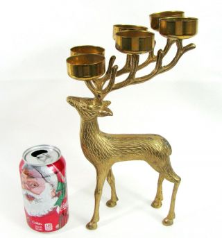 Vtg Brass Reindeer 6 Votive Candle Holder Gold Xmas Deer Candelabra 12 " Figure
