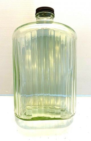 Vintage Green Depression Uranium Glass Refrigerator Ribbed Water Bottle Tin Lid