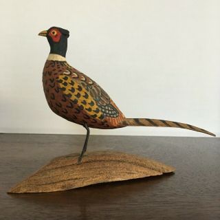 Vintage Hand Carved Ring Neck Pheasant Figurine Wood Painted Signed Miniature