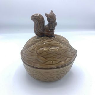 Vintage Taiwan R.  O.  C.  Squirrel On Walnut Ceramic Covered Dish