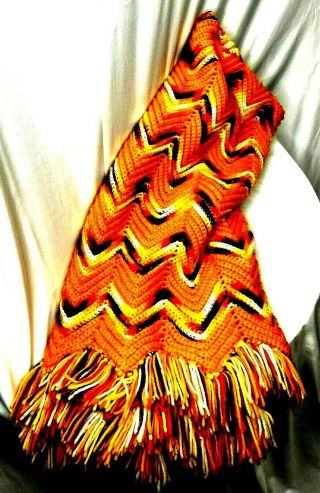 Vintage 70s Afghan Lap/throw Blanket Handmade Zig - Zag/chevron Bright Orange