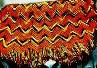 Vintage 70s Afghan Lap/Throw Blanket Handmade Zig - Zag/Chevron Bright Orange 2