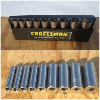 Vintage Craftsman 9pc Sae 6pt 3/8  Dr Deep Chrome Socket Set W/metaltray 9 - 43156