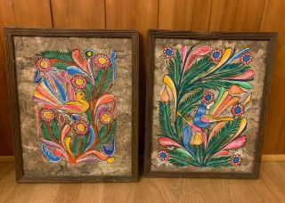 Vintage Mexican Folk Art Colorful Bark Painting Birds Flowers Mexico Framed Pair