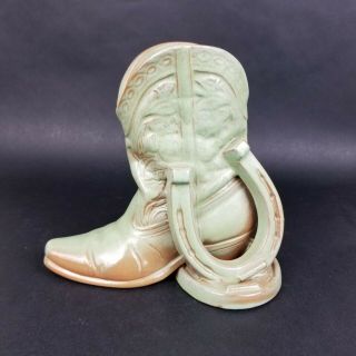 Vintage Frankoma Pottery Cowboy Boot with Horse Shoe Vase Bookend Vase Planter 3