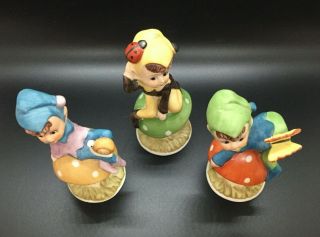 3 Vintage Mushroom Pixie Elf Fairy Figurines Ladybug Butterfly Snail Japan 3