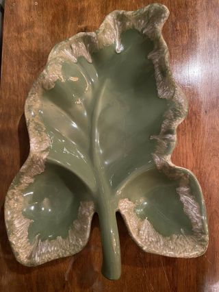 Vintage Hull Pottery Centerpiece Green Drip Glaze Leaf Bowl Dish