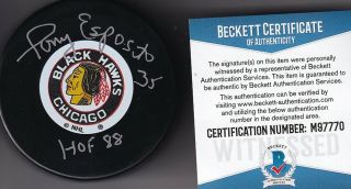 Beckett Tony Esposito " Hof 88 " Signed Chicago Blackhawks Licensed Logo Puck 7770
