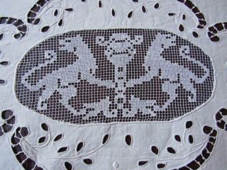 Vintage Linen Tablecloth Lion Passant Design Cut Work Floral Embroidery Antique