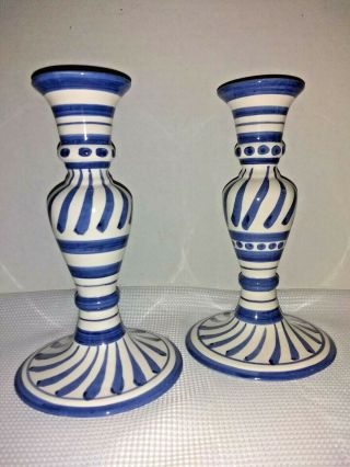 Vintage Portugal Hand Painted Ceramic Pottery Candle Holders 8.  1/4 In