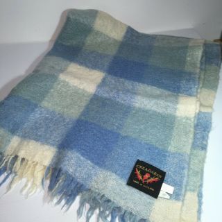 Vintage Creagaran Mohair Wool Throw Blanket Plaid Scotland 48x43 Blue